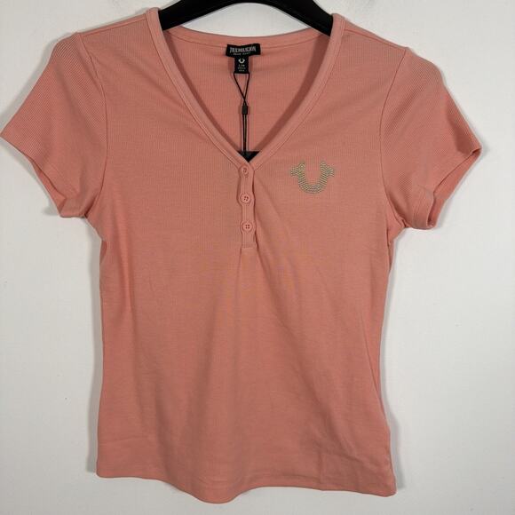 True Religion Studded Horseshoe V Neck Short Sleeve Button Henley Large NWT Rib - Picture 9 of 9